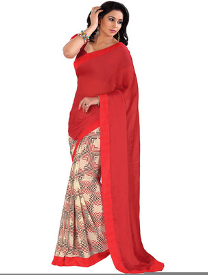 

Parisha Printed Fashion Chiffon Saree(Red, Beige), Beige;red