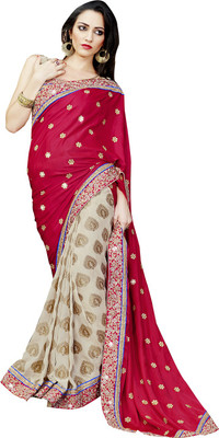 

Ishin Self Design Fashion Jacquard Saree(White, Red), Red;white