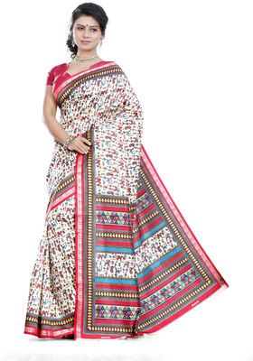 

JTInternational Printed Bhagalpuri Silk Saree(Beige)