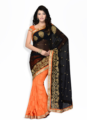 Four Seasons Embroidered Jacquard Saree(Orange