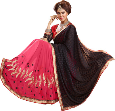 Khushali Self Design, Embroidered, Embellished Fashion Georgette, Jacquard Saree(Brown, Pink, Red, Black), Black;brown;pink;red