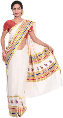 Darps Self Design Balarampuram Cotton Saree(Multicolor), Cream