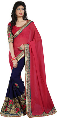 

Shoppershopee Embroidered Bollywood Georgette Saree(Red, Blue), Red and nevy blue