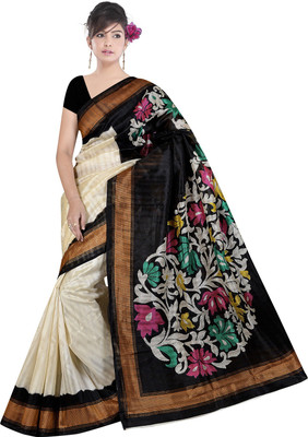 

Lovelylook Printed Daily Wear Art Silk Saree(White, Black), Cream & black