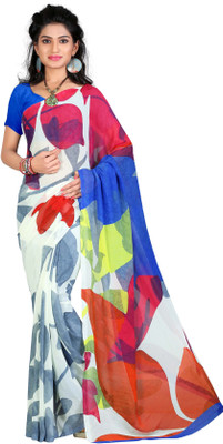 

LaazreeFashion Floral Print Bollywood Georgette Saree(White, Blue), Blue;white