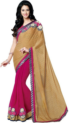 

Desi Butik Embroidered Fashion Georgette Saree(Mustard, Pink), Tan and pink