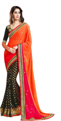 

K.C Self Design Bollywood Georgette Saree(Black, Orange)