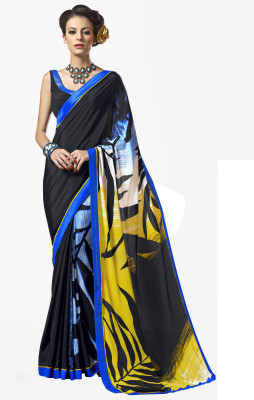 

Manthan Printed Daily Wear Silk, Crepe Saree(Black, Blue)