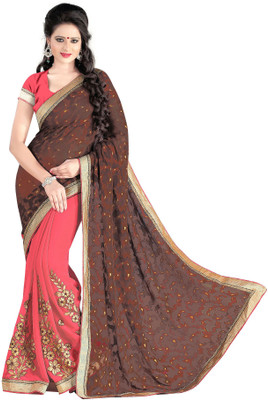 

Khoobee Self Design, Embroidered, Embellished Fashion Georgette Saree(Pink), Gajari