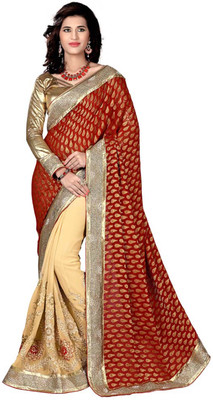 

Khoobee Self Design, Embroidered, Embellished Fashion Jacquard Saree(Red, Beige), Beige;red