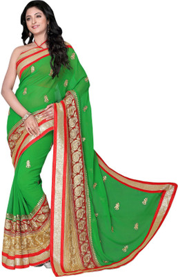 

Jiya Self Design, Embroidered, Embellished Fashion Georgette Saree(Green, Red, Beige), Beige;green;red