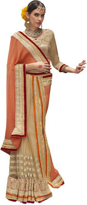

Desi Butik Embroidered Fashion Chiffon, Net Saree(Orange, Beige), Orange and beige