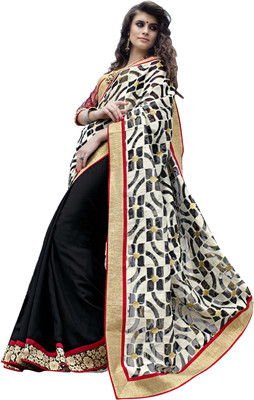 

Manthan Embroidered Fashion Georgette, Jacquard Saree(Black), Black & white