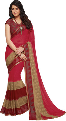

Ishin Printed Fashion Georgette Saree(Red), Red & beige