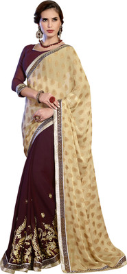 Khushali Self Design, Embellished, Embroidered Fashion Jacquard, Chiffon Saree(Beige, Maroon)