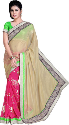 

Khoobee Self Design, Embroidered Fashion Chiffon, Georgette Saree(Pink, Beige, Beige;deep pink