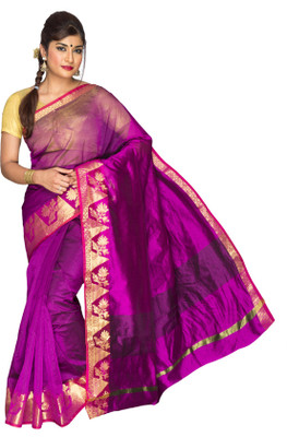 

Pavechas Solid Banarasi Cotton, Net, Silk Saree(Purple, Magenta