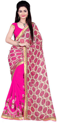 

Parisha Embroidered Daily Wear Georgette Saree(Pink, White), Pink & cream