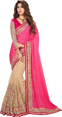 

Khushali Self Design, Embroidered, Embellished Fashion Net, Chiffon Saree(Pink, Beige), Beige;pink