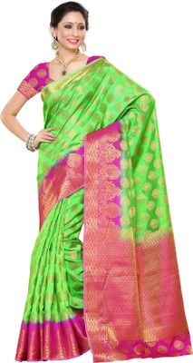 

Mimosa Woven Kanjivaram Tussar Silk Saree(Light Green), Parrot green