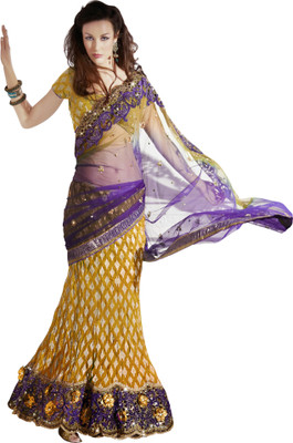 

Jiya Self Design, Embroidered, Embellished Fashion Jacquard, Net Saree(Purple, Yellow, Beige), Beige;purple;yellow