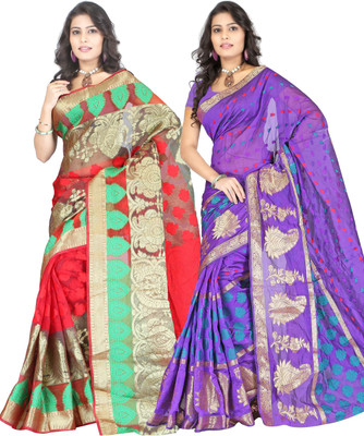 

It's Banii Woven Banarasi Handloom Banarasi Silk Saree(Pack of 2, Red, Purple), Purple;red