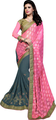 

Khoobee Self Design, Embroidered, Embellished Fashion Georgette, Jacquard Saree(Pink, Grey, Beige), Beige;grey;pink