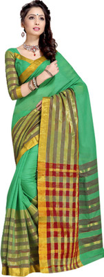 

Ishin Woven Fashion Cotton Saree(Green), Green & golden