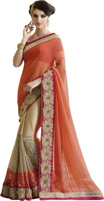 Saara Embroidered Fashion Chiffon Saree(Orange, Beige)