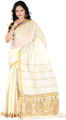 Selvamani Tex Self Design Bollywood Cotton Blend Saree(White)