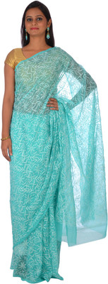 Knool Embroidered Lucknow Chikankari Handloom Georgette Saree(Green), Sea green