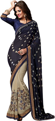 

Desi Butik Embroidered Fashion Georgette Saree(Blue, Beige), Navy blue and beige