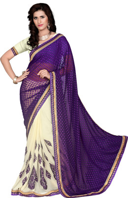 

Khushali Self Design, Embroidered Fashion Jacquard, Chiffon Saree(Purple, Beige), Beige;purple