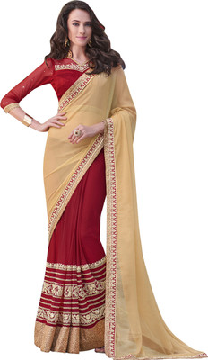 

Jiya Self Design, Embroidered, Embellished Fashion Net, Chiffon Saree(Beige, Red)