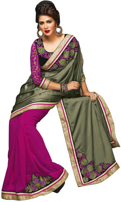 

Lovelylook Embroidered Daily Wear Georgette Saree(Green, Pink), Olive & pink