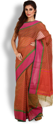 

Kasturi-B Swadeshi Karigari Striped Banarasi Handloom Cotton Saree(Orange), Salmon