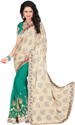 

Saara Floral Print Fashion Georgette Saree(Green), Cream and green