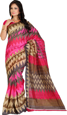 

Ishin Printed Fashion Art Silk Saree(Pink), Pink & brown