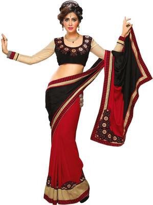 

Parisha Embroidered Daily Wear Georgette, Jacquard Saree(Black, Red)