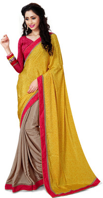 

Jiya Self Design, Printed Fashion Crepe Saree(Yellow, Beige), Beige;yellow