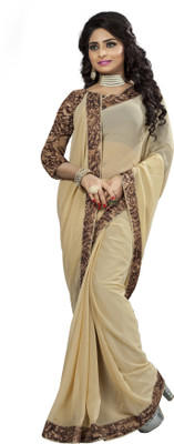

Aai Shree Khodiyar Art Floral Print Bollywood Chiffon Saree(Beige