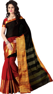 

M.S.Retail Solid Bollywood Cotton Saree(Black), Black;red