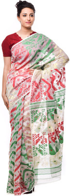 

Purabi Woven Jamdani Handloom Silk Saree(Red, White, Green), Green;red;white
