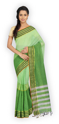 Pavechas Striped Mangalagiri Cotton Saree(Green