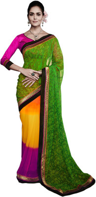

V And V Shop Printed Fashion Handloom Georgette Saree(Green), Green;yellow