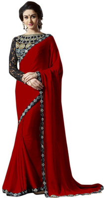 

Monika Silk Mill Plain Daily Wear Georgette Saree(White), Red