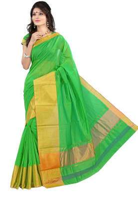 

Mimosa Woven Kanjivaram Handloom Cotton Saree(Light Green), Parrot green