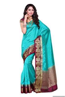 

Mimosa Woven Kanjivaram Tussar Silk Saree(Light Blue, Rama