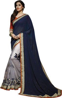 

Khoobee Self Design, Embroidered, Embellished Fashion Net, Georgette Saree(Blue, White)