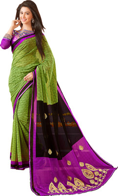 

Jiya Self Design, Embroidered Fashion Chiffon Saree(Green, Brown, Purple), Brown;green;purple
